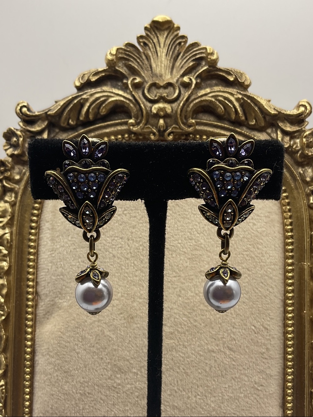 Heidi Daus Bronzetone Purple Crystal Faux Pearl Drop Clip On Earrings